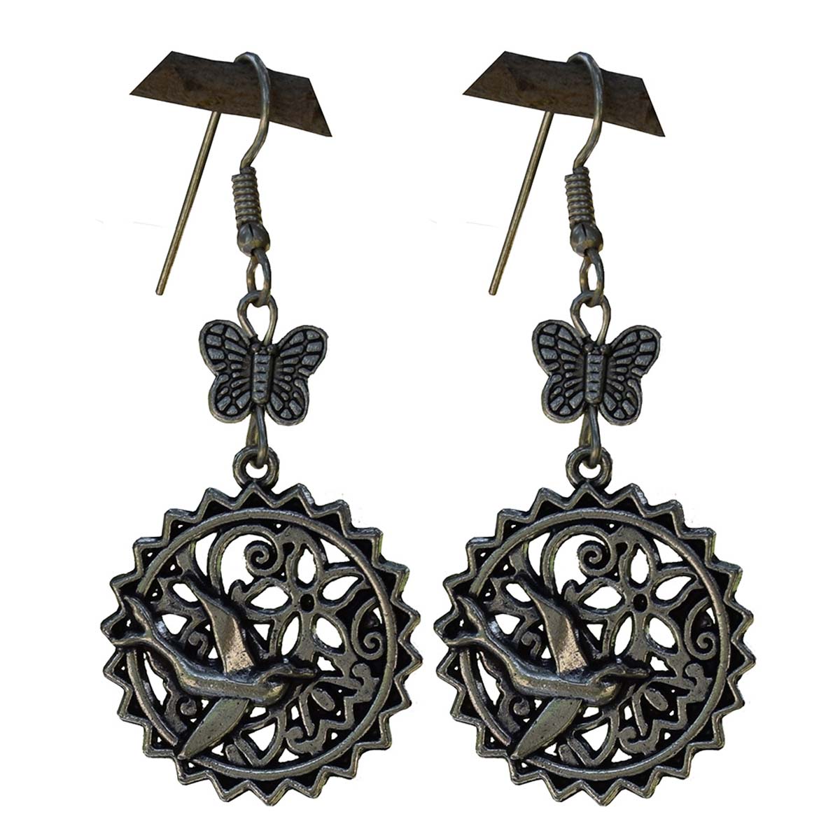 Earrings in Bulk – Pair of Antique-Look Earrings – Cast in Brass – Butterfly Motif & Circular Drop – Wholesale Jewelry